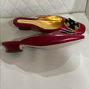 Tory Burch Woven Logo Kitten Heel Red Mules